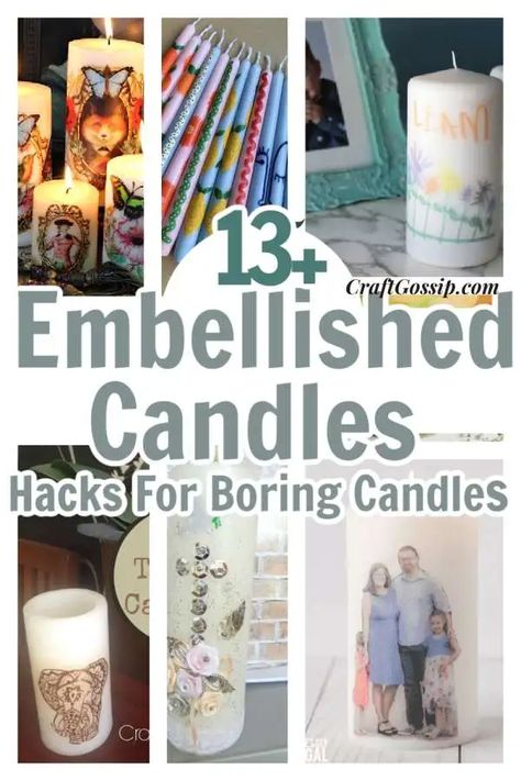 13 Ways to Embellish Boring Candles – Craft Gossip Tissue Paper Candles, Bohemian Candle, Make Your Own Candles, Candle Making Tutorial, Candle Hack, Candle Embellishments, Dried Flower Candles, Candle Tutorial, Candle Projects