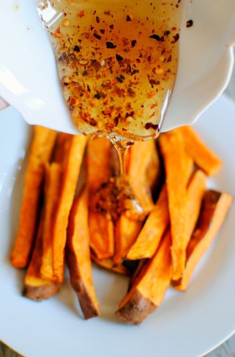 Roasted Sweet Potatoes with Hot Honey Roasted Sweet Potato Wedges, Hot Honey Recipe, Honey Drizzle, Peanut Butter Fingers, Butter Fingers, Roasted Sweet Potato, Sweet Potato Wedges, Hot Honey, Healthy Homemade Recipes