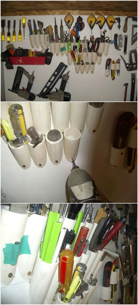 Tool Organizer -- Great idea, like I've said before, try explaining this to a man while in a Home Improvement store in the PVC isle -- blank stare............ Pvc Pipe Storage, Ultimate Organization, Pvc Storage, Pvc Pipe Crafts, Pvc Pipe Projects, Garage Storage Solutions, Pvc Projects, Garage Organization Diy, Pvc Pipes