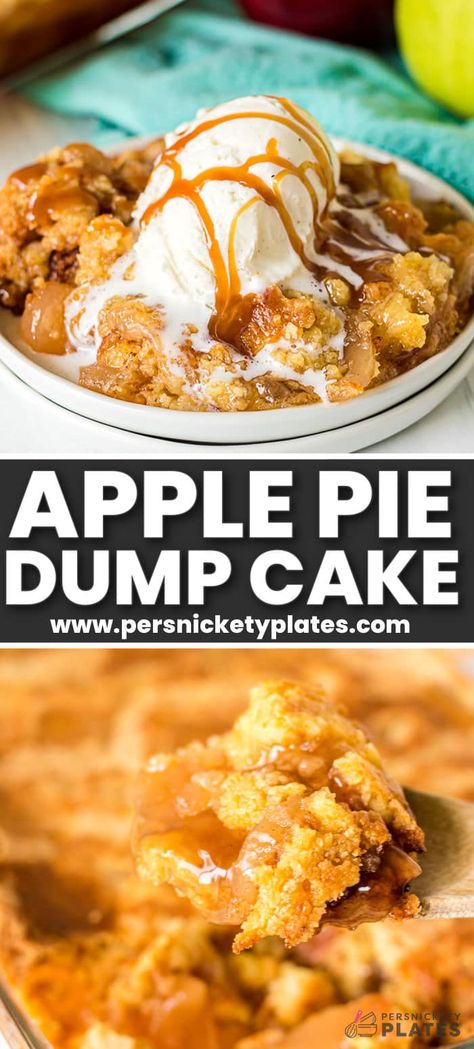 This easy 4 ingredient apple pie dump cake is made with a boxed cake mix, apple pie filling, butter, and cinnamon. It's a deconstructed (some might say lazy) version of a classic apple pie, including all of the traditional apple cinnamon flavors, but without the work of having to prepare a pie crust! Apple Pie Dump Cake, Apple Pie Filling Desserts, Pie Filling Desserts, Easy Apple Pie Filling, Tasteful Recipes, Apple Pie Desserts, Recipe Using Apples, Apple Coffee Cake, Apple Pie Filling Recipes