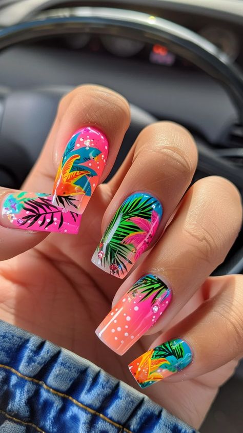 22 Tropical Caribbean Nail Designs To Turn Up The Heat Hawaiian Nails, Tropical Caribbean, Tropical Nail Designs, Cruise Nails, Summer Nail Ideas, Nail Designs Pictures, Geometric Nail Art, Tropical Nails, Refreshing Cocktail