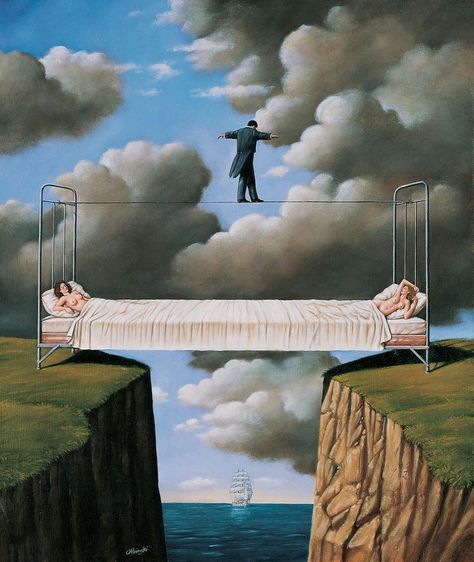 Rafal Olbinski. Odysseus returns Rafal Olbinski, Tightrope Walker, Arte Peculiar, Rene Magritte, Surrealism Painting, Wassily Kandinsky, Surreal Art, Beautiful Woman, Fine Arts