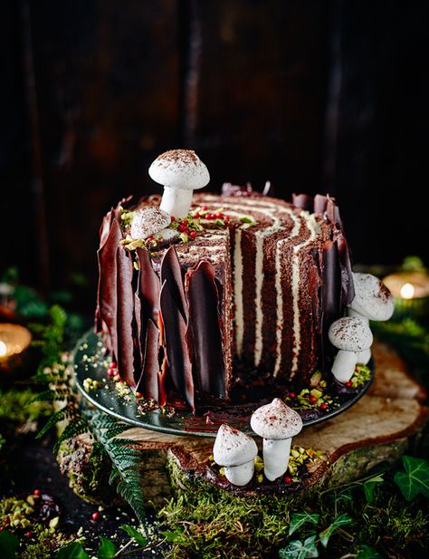 Tree stump cake - This cake is essentially a gigantic Swiss roll. Add chocolate bark and meringue mushrooms to complete the brilliant effect. Chocolate Yule Log Recipe, Yule Log Cake Recipe, Meringue Mushrooms, Tree Stump Cake, Yule Log Recipe, Tårta Design, Chocolate Log, Chocolate Yule Log, Yule Log Cake