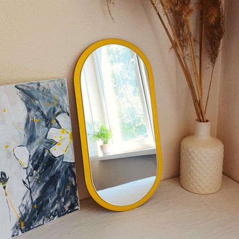 Oval decorative mirror, Bright yellow mirror, Handmade wood frame mirror, Accent narrow mirror, Aesthetic room decor, Small vanity mirror Mirror Aesthetic Room, Small Vanity Mirror, Small Wall Mirror, Minimalist Mirrors, Boho Mirror, Yellow Mirrors, Mirror Aesthetic, Mirror Handmade, Mirror Oval