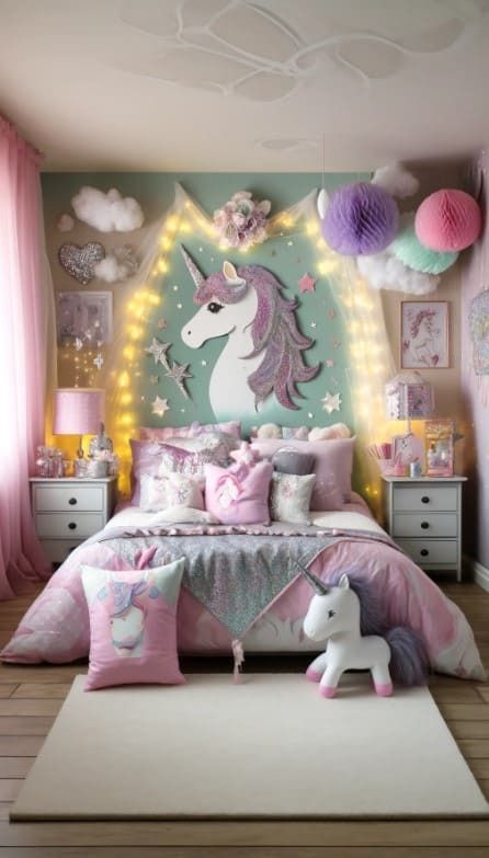 20 Magical Whimsical Bedroom Ideas to Transform Your Space 36 Unicorn Bedroom Decor Girl Rooms, Girls Unicorn Bedroom Ideas, Unicorn Bedroom Ideas Kid Rooms, Unicorn And Rainbow Bedroom, Unicorn Theme Room, Girls Unicorn Bedroom, Whimsical Bedroom Ideas, Girls Bedroom Unicorn, Unicorn Girls Room