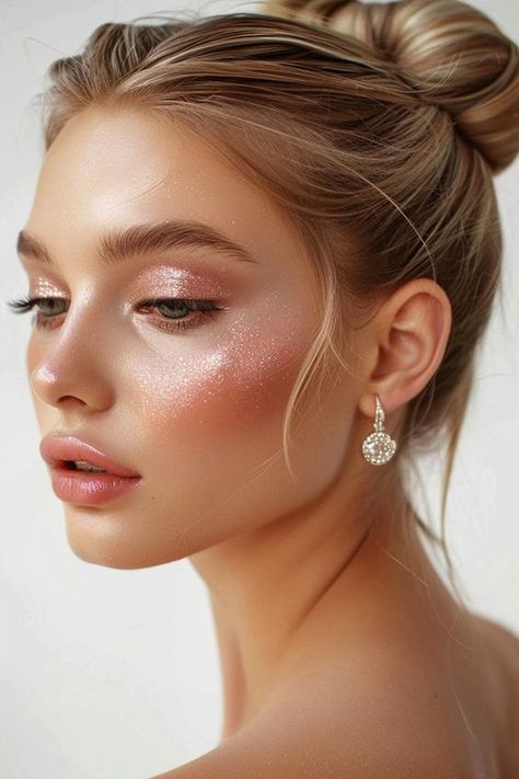 #glam makeup All Shimmer Eyeshadow Look, Sparkly Face Makeup, Wedding Makeup Shimmer, Glitter Eyeshadow Makeup Looks, Shine Makeup Look, Natural Sparkle Makeup, Bright Natural Makeup, Soft Summer Glam Makeup, Soft Pink Glitter Makeup