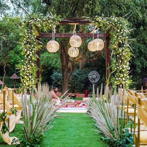 Botanical Mandap Decor Is Trending Big Time And How Evening Wedding Decor, Wedding Mandap Decor, Floral Decor Ideas, Mandap Design, Rustic Wedding Decorations, Bohemian Wedding Decorations, Wedding Entrance Decor, Mandap Decor, Wedding Backdrop Design