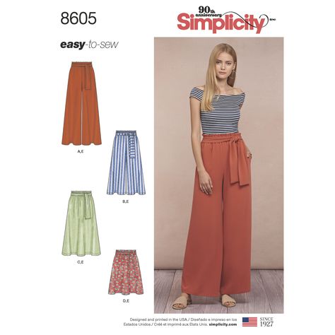 Purchase Simplicity 8605 Misses' Pull on Skirt and Pants and read its pattern reviews. Find other Pants, Skirts, sewing patterns... Paper Bag Waist Pants, Skirt And Pants, Loose Fitting Pants, Pants Sewing Pattern, Beginner Sewing Projects Easy, Skirt Patterns Sewing, Simplicity Sewing, Sewing Skirts, Burda Style