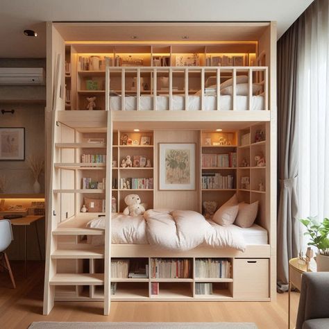 Room With Loft Ideas, Bunk Beds In Tiny Room, Cozy Loft Beds, Full Over Full Bunk Beds Small Spaces, Bunk Bed Desk Underneath, Alcove Loft Bed, Gaming Bunk Bed Ideas, Hidden Bunk Bed, Custom Loft Bed Ideas