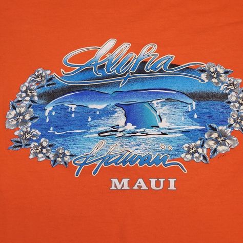 This vintage t-shirt is perfect for those who love the tropical vibe of Hawaii. Featuring a whale tail and floral pattern, this classic fit t-shirt is made from a comfortable cotton blend knit fabric, making it machine washable. The bright orange color and graphic print will make you stand out in a crowd.  With short sleeves and a crew neckline, this t-shirt is great for a casual day out or for a vacation themed party. It's perfect for anyone who loves the ocean, animals, and Hawaiian themes. Th Graphic Tees 90s, Vacation Themed Party, Alan Aesthetic, 90s Graphic Print Tops For Surfing, The Ocean Animals, Hawaiian T-shirt With Screen Print For Summer, Hawaiian Graphic Print Surfing Shirt, Hawaiian T-shirt For Surfing In Summer, Vintage Aloha Shirt