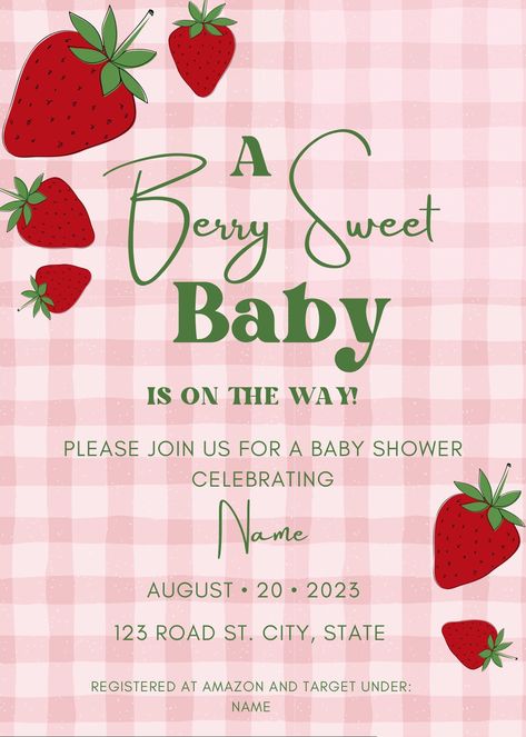 Strawberry Shortcake Baby Shower Ideas Girl, Berry Shower Decorations, Strawberry Shortcake Baby Shower Theme Invitations, Strawberry Shortcake Themed Baby Shower Ideas, Summer Baby Shower Themes Girl, Picnic Theme Baby Shower Ideas, Girl Baby Shower Strawberry Theme, Berry Sweet Girl Baby Shower Theme, Cute Baby Shower Ideas Themes