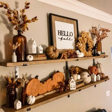 Autumnal Shelf Decor, Farmhouse Fall Shelf Decor, Fall Decor For Shelf, Fall Decor For Bedroom Dresser, Fall Decor Ideas For The Home Shelves, Shelf Fall Decor Ideas, Fall Kitchen Decor Open Shelves, Short Shelf Styling, Small Shelf Fall Decor