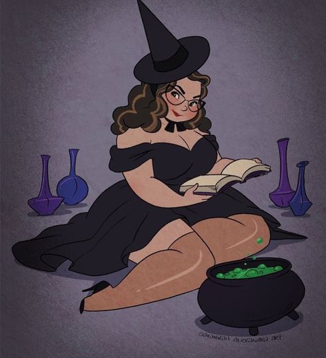 Curvy Witch Drawing, Plus Size Witch Art, Plus Size Pinup Art, Modern Witch Art, Plus Size Artwork, Plus Size Character Design, Plus Size Drawing, Plus Size Witch, Fat Witch