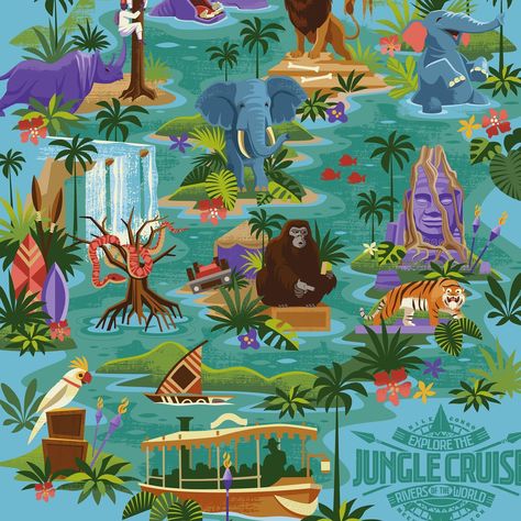 Jungle Cruise art by Jeff Granito. Jungle Map Illustration, Disney Jungle Cruise Decor, Disney Jungle Cruise, Jeff Granito, Vbs Jungle, Jungle Cruise, Kids Camp, Disney Artists, Disney Shows