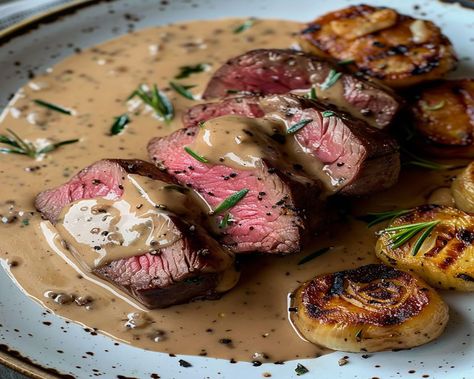 Seared Filet Mignon with Shallot Peppercorn Cream Sauce – MiaRecipes Peppercorn Cream Sauce, Saturday Meals, Seared Filet Mignon, Peppercorn Sauce Recipe, Mignon Steak, Filet Mignon Recipes, Filet Mignon Steak, Steak Au Poivre, Peppercorn Sauce