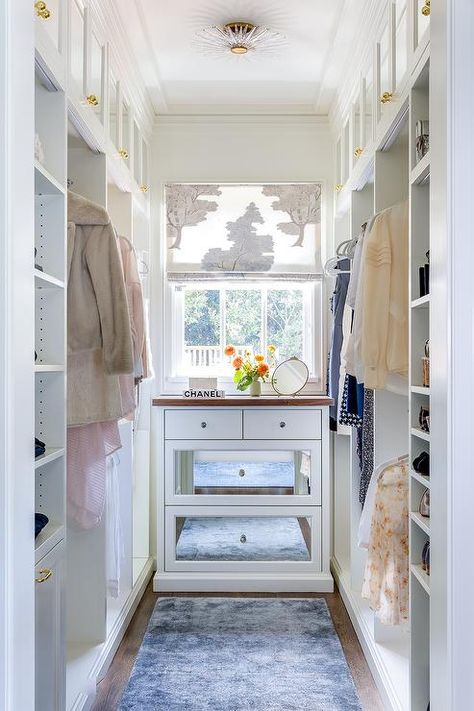 Small glam custom closet features a gray rug placed in front of a mirrored white dresser positioned in front of a window. Dresser In Front Of Window, Contemporary Girls Bedroom, Antelope Print, Floor To Ceiling Wardrobes, Transitional Closet, Pink And Grey Wallpaper, Grey Floral Wallpaper, Glam Closet, Closet Mirror