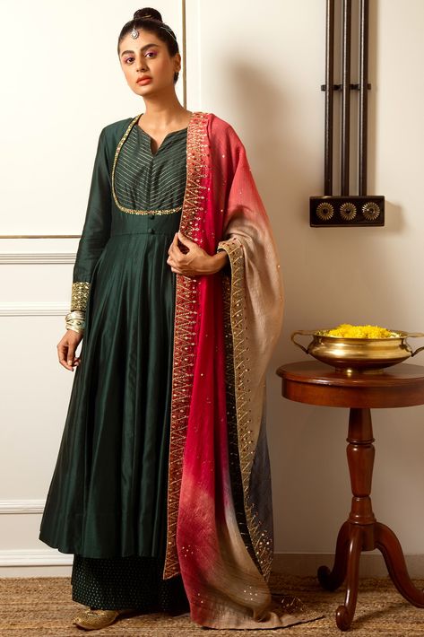 Bottle Green Dress Indian, Long Jacket Dresses, Kalidar Kurta, Green Anarkali, Grey Saree, Frock For Women, Indian Models, Indian Fashion Designers, Bottle Green