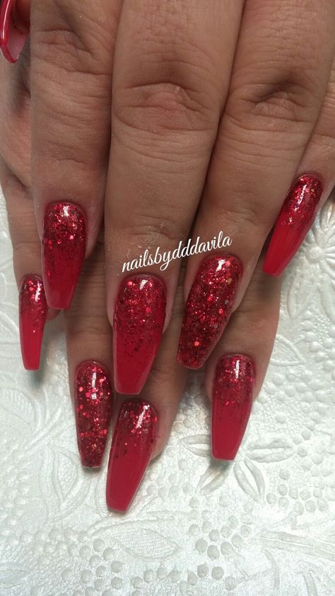 Red Glittery Acrylic Nails, Red With Glitter Acrylic Nails, Red Sparkly Ombre Nails, Red Nails With Red Glitter Tips, Red Nails With Red Glitter, Red Fake Nails Acrylics, Red Nails With Glitter Ombre, Ombre Nails Glitter Red, Red Glitter Nails Coffin