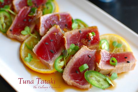 Tuna Tataki - so fresh, so bright, so delicious! Tuna Tataki, Fresh Tuna, Tuna Recipes, Eat Smarter, Fish Dishes, Fine Food, Seafood Dishes, Food Presentation, Food Plating