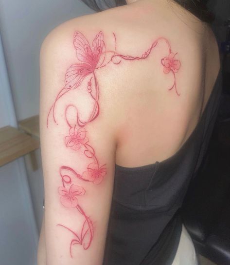 momo__poke Red Ink Tattoos Fine Line, Big Shoulder Tattoo, Stick Poke, Letters Tattoo, Tato Jari, Tattoos Infinity, Pink Tattoo, Small Pretty Tattoos, Tattoos For Black Skin