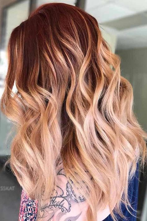 Red Brown To Blonde Balayage, Balayage For Red Hair, Red Hair With Blonde Ombre, Balayage Hair Red Blonde, Red To Blonde Ombre Hair Balayage, Blonde Balayage With Red, Red With Blonde Balayage, Red Blonde Balayage Ombre, Brown Red Blonde Balayage