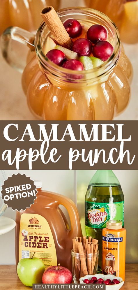 Ingredient photo for the caramel apple punch along with a glass of punch garnished with a cinnamon stick Carmel Apple Punch Non Alcoholic, Fall Punch Recipes Non Alcoholic, Caramel Apple Punch, Spiked Punch Recipes, Disney Meals, Fall Punch Recipes, Healthy Little Peach, Apple Punch, Fall Apple Cider