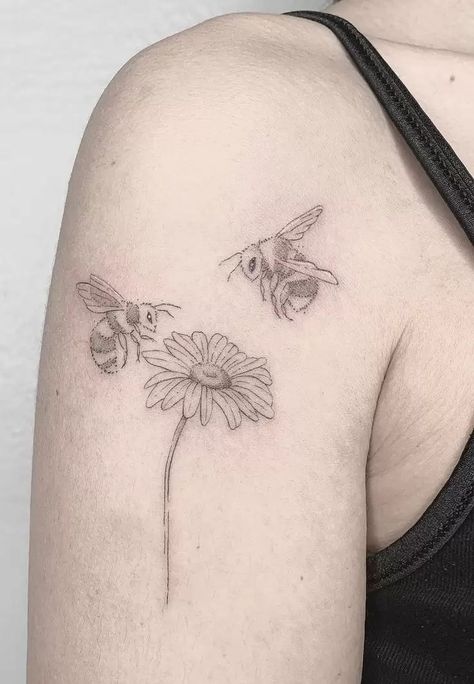 The Meaning of Daisy Tattoos: A Guide to Interpretations Bee And Daisy Tattoo, Daisy And Bee Tattoo, Gerber Tattoo, Watercolor Daisy Tattoo, Gerber Daisy Tattoo, Gerbera Daisy Tattoo, White Daisy Tattoo, Daisies Tattoo, Daisy Tattoo Meaning