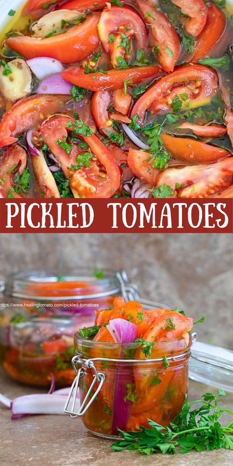 How to pickle tomatoes and preserve your summer tomatoes. Preserve Tomatoes, Pickled Tomatoes, Preserving Tomatoes, Vegetarian Brunch, Autumn Recipes Vegetarian, Vegetarian Comfort Food, Farmers Market Recipes, Quick Pickled, Tomatoes Recipe