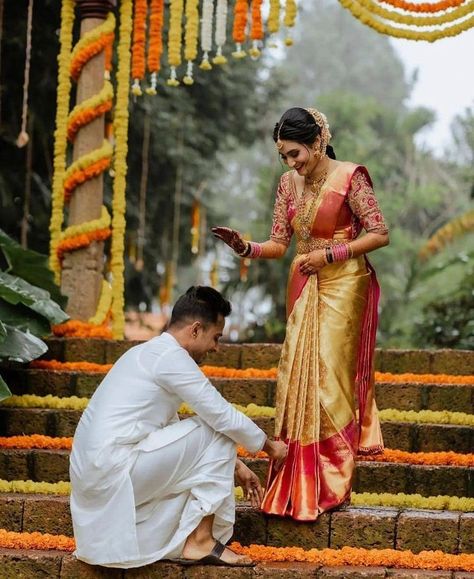 We're loving this couple's playful vibe as the groom fixes the saree pleats. Tag someone who’d do this for you! 🥺✨ Shot by… Saree Pleats, Marriage Poses, Marriage Stills, Indian Wedding Poses, Kerala Wedding Photography, Groom Photoshoot, Engagement Photography Poses, Marriage Couple, Couple Wedding Dress