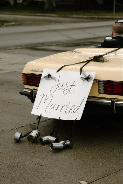 Just married sign! #fashion #wedding #weddingideas #aesthetic Just Hitched Sign, Wedding Car Exit, Just Married Sign For Car, Getting Married Aesthetic, Just Married Aesthetic, Just Married Car Ideas, Just Married Cans, Married Life Aesthetic, Just Married Car Sign