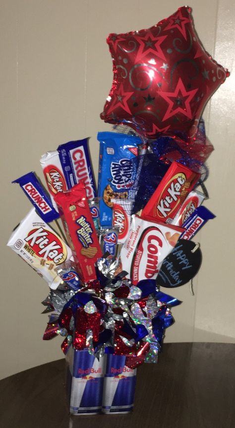 Happy Birthday Red Bull Bouquet, Snack Bouquet, Kit Kat, Red Bull, Happy Birthday, Snacks, Birthday, Red, Gifts