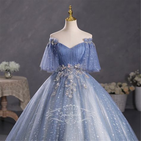 Ball Gowns With Sleeves, Blue Off Shoulder Gown, Cinderella Core, Quinceanera Dresses Plus Size, Plus Size Ball Gowns, 2023 Ball Gown, Two Piece Bridesmaid Dresses, Blue Quinceanera Dresses, Flowy Prom Dresses