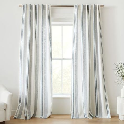 Blue Curtains Bedroom, Light Blue Curtains, Blue And White Curtains, Beach Curtains, Mid Century Curtains, Coastal Curtains, Metal Curtain Rod, Linen Curtain, Striped Curtains