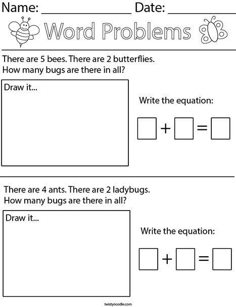 Bug Addition Word Problems- Kindergarten Math Worksheet - Twisty Noodle Math Word Problems For Kindergarten, Addition Story Problems Kindergarten, Word Problems For 1st Grade Addition, Kindergarten Math Word Problems, Simple Math Word Problems, Math Problems For Kindergarten, Addition Word Problems Kindergarten, Math Word Problems 1st Grade, Addition Word Problems Grade 1