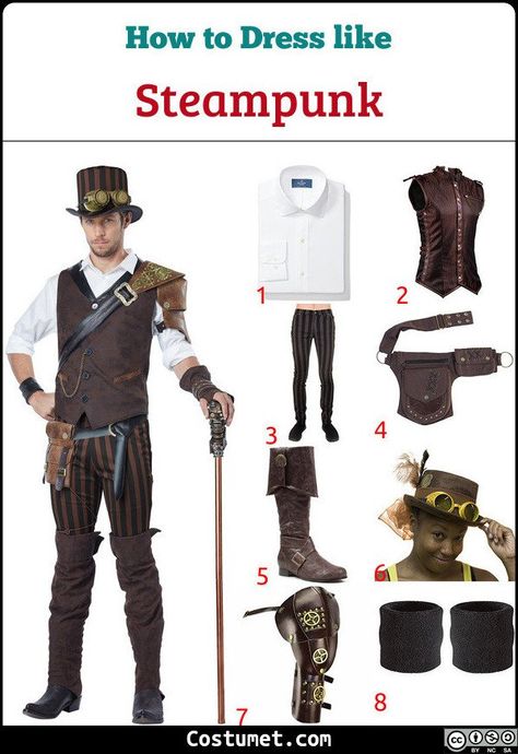 Steampunk costume is a brown corset, a long sleeved shrug, a steampunk skirt, stockings, a mini top hat, finger-less gloves, and leather boots. Men wear a white buttoned down shirt, a brown vest, striped pants, a top hat with goggles, a shoulder armor, a sweat band, a tactical belt, and brown leather boots.           #male #female #male #female #couple #Victorian #misc #duo #goth #Halloween #Steampunk Steampunk Top Hat Mens, Steampunk Fashion For Men, Mens Steampunk Costume Diy, Steampunk Jacket Men, Mens Steampunk Costume, Steampunk Man Outfit, Men’s Steampunk Costumes, Men’s Steampunk, Diy Steampunk Costume Male