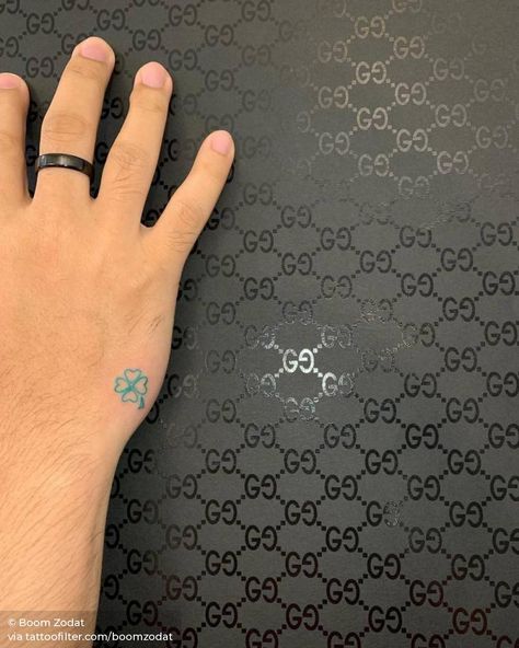 Clover Hand Tattoo, Small Green Tattoo, Luck Tattoos, Hand Tatto, Four Leaf Clover Tattoo, Luck Tattoo, Clover Tattoo, Green Tattoos, Patriotic Tattoos