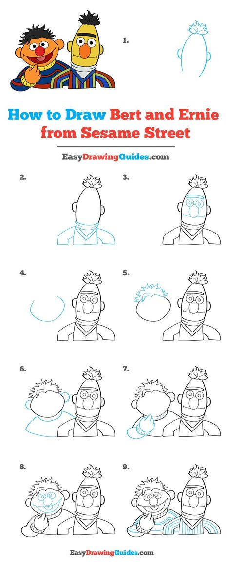 Bert and Ernie from Sesame Street Drawing Lesson. Free Online Drawing Tutorial for Kids. Get the Free Printable Step by Step Drawing Instructions on https://easydrawingguides.com/how-to-draw-bert-and-ernie-from-sesame-street/ . #SesameStreet #LearnToDraw #ArtProject Muppets Drawings Easy, Sesame Street Drawing, Ernie Und Bert, Street Drawing, Upsy Daisy, Draw Doodles, Bert And Ernie, Easy Drawing Guides, Drawing Instructions