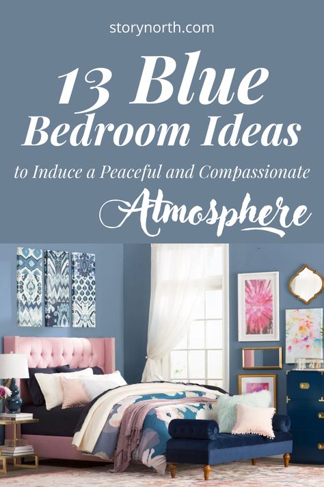 Using blue as its dominant or accentuating color will help in building a timeless color dominating your bedroom. To find a blue space that will suit your style and taste, we have gathered 13 inspirations for a peaceful bedroom for your next remodel project. #bluebedroom #bedroomideas #bedroom #interiodesign #homeimprovement #blue Shades Of Blue For Bedroom Walls, Master Bedrooms Decor Blue Walls, Shades Of Blue Bedroom Ideas, Blue Colors For Bedroom, Bedroom Blue Wall Decor, Navy Blue Bedroom Ideas For Women, Blue Bedroom Walls Colour Schemes, Blue Inspired Bedroom, Blue Paint For Bedroom Walls