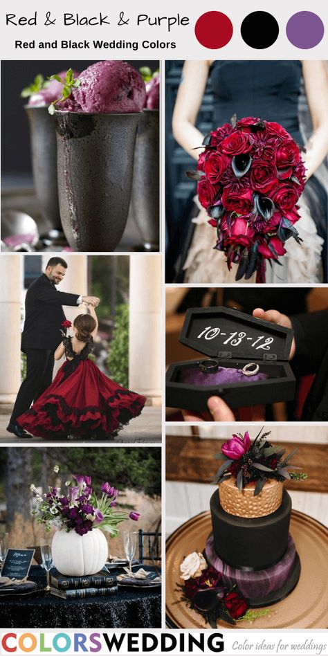 Red And Purple Wedding Dress, Crimson And Purple Wedding, Red Purple Black Wedding Color Schemes, Black Red And Purple Wedding, Goth Wedding Theme, Purple And Red Wedding, Black Purple Wedding, Black And Purple Wedding, Black Bridal Gown