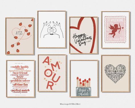 Valentines Day gallery wall set of 16 art prints. Refresh your home decor for this Valentines day with these beautiful Valentines Day printables! Perfect for neutral home decor, bohemian style or even minimalist home. This printable poster set can be added to spaces like your living room wall, bedroom wall or even in your office wall decor. Perfect as gift too! Printable wall art is a quick, easy and affordable way to spruce up any room or space. Simply download, print and hang! This is a digita Saint Valentin Aesthetic, Cupid Decor, Cupid Art, Valentines Wall Art, Valentine Wall Art, Valentines Collection, Valentines Day Poster, Romantic Wall Art, Romantic Home