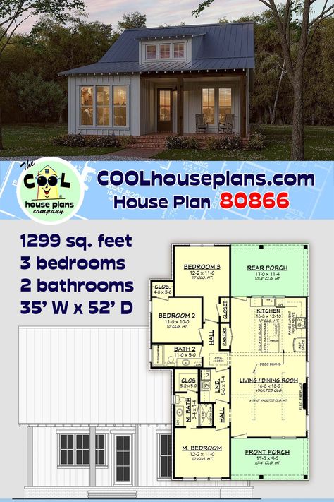 Small House Plan 80866 offers three bedrooms, two full baths, and a full size laundry room. The living, dining, and kitchen are all open for easy entertaining. Take in those amazing views on your vacation property because you have plenty of windows for natural light. This design offers 10' ceilings with a vaulted ceiling in the living/dining space. Buyers will choose this house plan for their year-round home, or they will build it for a vacation getaway residence. Minecraft Small House, Tiny Cottages, Southern Style House, Southern Style House Plans, Small Cottage Homes, House Plans One Story, Cottage Style House Plans, Small House Floor Plans, Garage House Plans