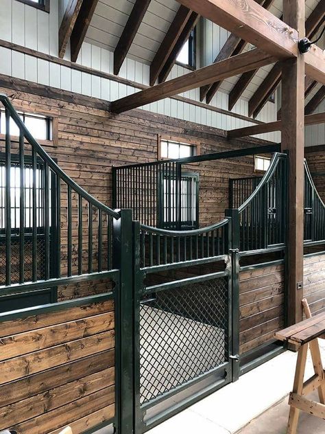 ***llp like the stain on both stalls and rafters with the contrast white wood going in another direction. Openness of the stalls Dream Barn Stables, Barn Layout, Horse Farm Ideas, Horse Barn Ideas Stables, Barn Stalls, Horse Barn Designs, Dream Stables, Dream Horse Barns, Horse Barn Plans