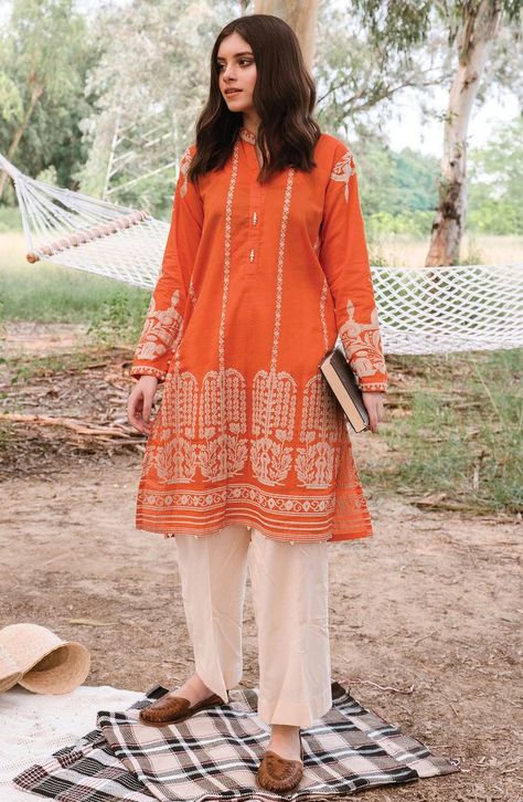 Pakistani Lawn Suits 2020, Orange Pakistani Suit, Pakistani Kurta Designs, Shalwar Kameez Pakistani, Colour Aesthetic, Pakistani Kurta, Orange Suit, Pakistani Designer Suits, Pakistani Lawn Suits