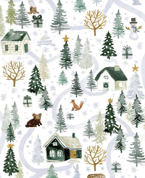 Winter Woodland Illustration, Winter Christmas Illustration, Christmas Print Pattern, Winter Pattern Illustration, Christmas Aesthetic Illustration, Pattern Christmas Wallpaper, Snowy Illustration, Christmas Prints And Patterns, Christmas Pattern Wallpaper