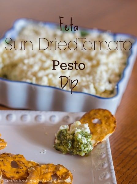 This amazing party dip starts off with a layer of pesto sauce, then a layer of sun-dried tomatoes and a generous sprinkling of feta cheese. This Mediterranean inspired dip is delicious, you won't be able to dip once! #partydip #fetadip #pestodip #sundriedtomatodip #snack #cbqbakes Heart Appetizers, Feta Pesto, Sundried Tomato Dip, Feta Cheese Dip, Tomato Appetizers, Homemade Pesto Recipe, Pesto Dip, Party Dip, Easter Menu