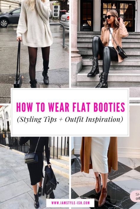 Flat Ankle Boots With Dress, Black Flat Boots Outfit, Low Heel Booties Outfit, Flat Booties With Jeans, Flat Ankle Boots Outfit For Women, How To Wear Short Boots With Jeans, Flat Boots Outfit Ankle, Flat Black Ankle Boots Outfit, Low Ankle Boots Outfits