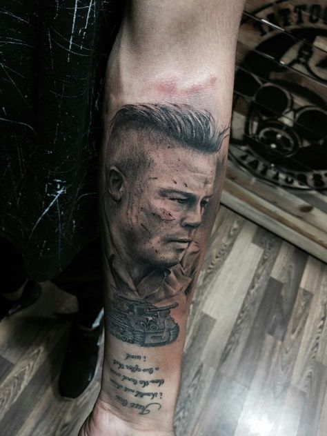 Fury brad pitt tattoo Brad Pitt Tattoo, Brad Pitt, Portrait Tattoo, Tattoos, Quick Saves