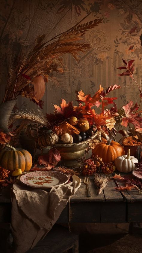 Transform your space with this vintage-inspired Thanksgiving wallpaper, featuring a worn wooden table adorned with autumn leaves, pumpkins, and lavish cornucopias. Rich oranges, warm browns, and soft golds create a cozy atmosphere, complemented by traditional harvest motifs like wheat sheaves and acorns. Perfect for evoking cherished memories this Thanksgiving season. #ThanksgivingDecor #VintageWallpaper #AutumnVibes Old Thanksgiving Aesthetic, Thanksgiving Vintage, Vintage Thanksgiving Images, Vintage Thanksgiving Decorations, Wheat Sheaf, Thanksgiving Wallpaper, Thanksgiving Images, Vintage Thanksgiving, Iphone Wallpaper Vintage