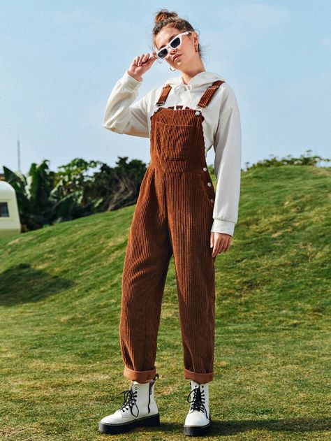 Shop Patch Pocket Cord Overalls at ROMWE, discover more fashion styles online. Brown Dungarees Outfit, Cord Overalls, Brown Overalls, Dungaree Outfit, Teenage Clothes, Envy Clothing, Cute Overalls, Urban Apparel, Overalls Outfit