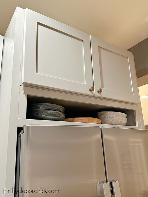 Side Of Refrigerator Storage Diy, Awkward Space Above Fridge, Above Fridge Storage Diy, Space Above Refrigerator Ideas, Shelf Above Refrigerator Ideas, Above Fridge Decor Ideas, Shelf Above Refrigerator, Storage Above Refrigerator, Shelf Over Refrigerator